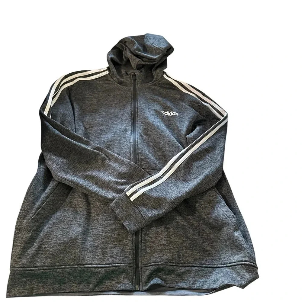 Adidas track jacket men's size XL grey with white stripes with hood